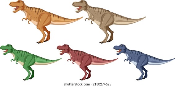 Eine Reihe von Tyrannosaurus-Rex-Dinosauriern auf weißem Hintergrund, Vektorgrafik