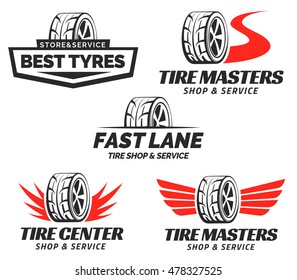 Set of Tyre Shop Logo Design. Wheel repair service. Tire storage company logo.