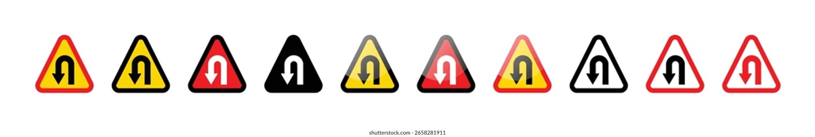 a set of u turn warning signs in different colors and styles on a white isolated background