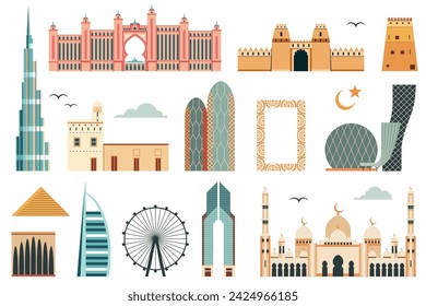 Set of UAE architectural landmarks, touristic attractions and popular buildings of Dubai and Abu Dhabi. Collection of Emirates architectural symbols, modern and historical buildings illustration.