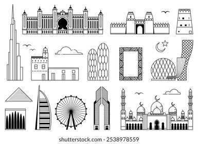 Set of UAE architectural landmarks, touristic attractions and popular buildings of Dubai and Abu Dhabi. Collection of Emirates architectural symbols, modern and historical buildings illustration.