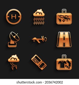 Set UAV Drone, Airline Ticket, Suitcase, Airport Runway, Storm, Radar,  And Helicopter Landing Pad Icon. Vector