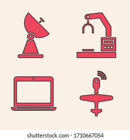 Set UAV Drone, Radar, Robotic robot arm hand factory and Laptop icon. Vector