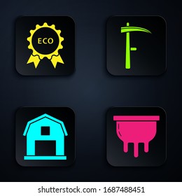 Set Udder, Banner, label, tag, logo for eco, Farm House concept and Scythe. Black square button. Vector