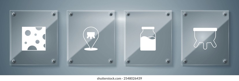 Set Udder, Bottle with milk,  and Cheese. Square glass panels. Vector