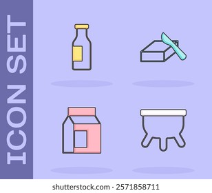 Set Udder, Bottle with milk, Paper package for and Butter in butter dish icon. Vector