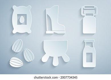 Set Udder, Can container for milk, Seeds, Bottle with, Waterproof rubber boot and Pack full seeds plant icon. Vector