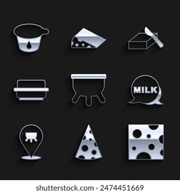 Set Udder, Cheese, Lettering milk, Butter a butter dish,  and Yogurt container icon. Vector