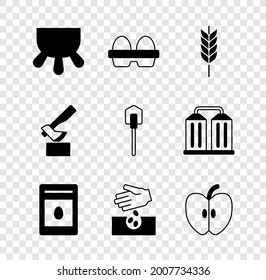 Set Udder, Chicken egg in box, Wheat, Pack full of seeds of plant, Seeds, Apple, Wooden axe and Shovel icon. Vector