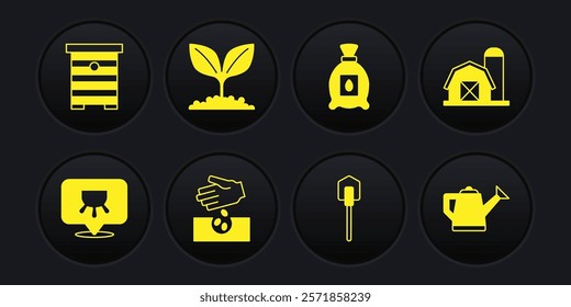 Set Udder, Farm house, Seeds, Shovel, Pack full of seeds of plant, Plant, Watering can and Hive for bees icon. Vector