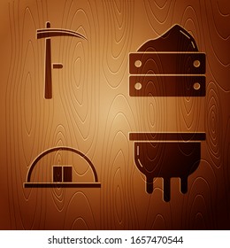 Set Udder, Scythe, Hangar and Wooden box with harvest on wooden background. Vector