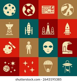 Set UFO abducts cow, Astronaut helmet, Rocket ship, Futuristic hud interface, Space shuttle and rockets, Satellite dish, Moon and launch from the spaceport icon. Vector