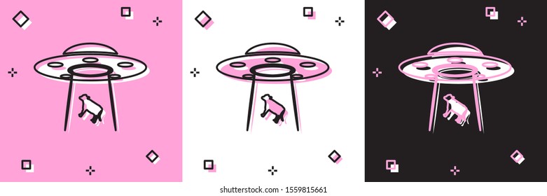 Set UFO abducts cow icon isolated on pink and white, black background. Flying saucer. Alien space ship. Futuristic unknown flying object.  Vector Illustration
