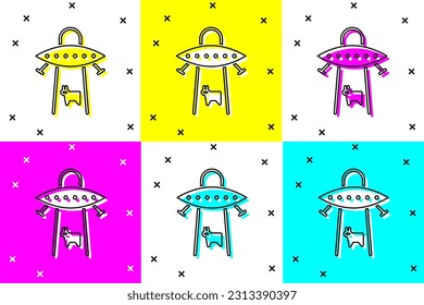 Set UFO abducts cow icon isolated on color background. Flying saucer. Alien space ship. Futuristic unknown flying object.  Vector Illustration