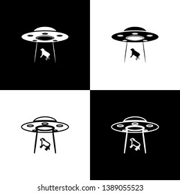 Set UFO abducts cow icons isolated on black and white background. Flying saucer. Alien space ship. Futuristic unknown flying object. Line, outline and linear icon. Vector Illustration