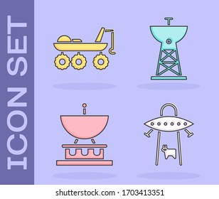 Set UFO abducts cow, Mars rover, Satellite dish and Satellite dish icon. Vector