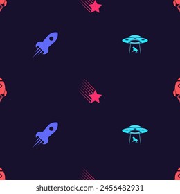 Set UFO abducts cow, Rocket ship with fire, Falling star and  on seamless pattern. Vector