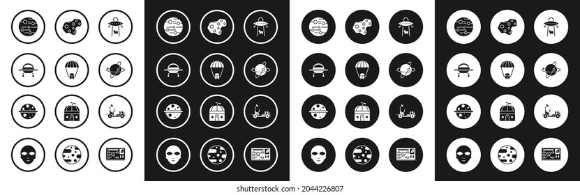 Set UFO abducts cow, Space capsule and parachute, flying spaceship, Planet Mars, Satellites orbiting the planet Earth, Asteroid, rover and Saturn icon. Vector