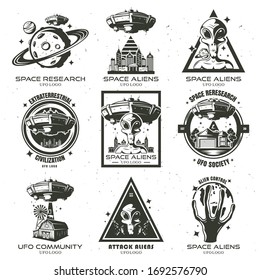 A set of UFO and alien emblems. Vector illustration