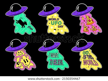Set of Ufo alien spaceship groovy print for t shirt. Stickers with inscription, emojis, pizza and cow. Design element for print on fabric. Cartoon flat vector collection isolated on black background