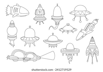 Set of UFO of alien, spaceships, flying saucer. Coloring page. Black and white flying saucer. Vector