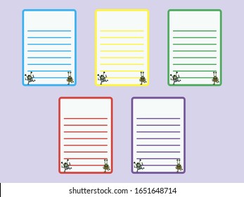 Set of UFO and aliens linned sheets. Green, yellow, red, violet, blue blank. Collection of various vector note cartoon papers. For notes, lists, plans, letters and to-do lists.