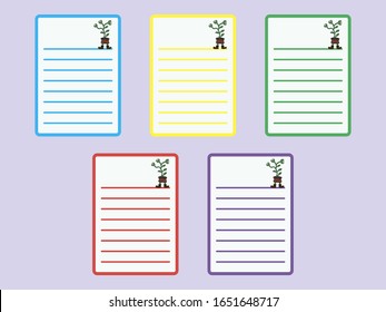 Set of UFO and aliens linned sheets. Green, yellow, red, violet, blue blank. Collection of various vector note cartoon papers. For notes, lists, plans, letters and to-do lists.
