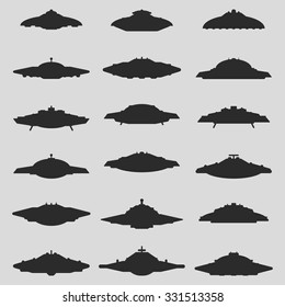 Set of UFO Flying Saucer Shapes Silhouettes