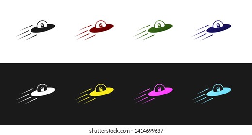 Set UFO flying spaceship and alien icon isolated on black and white background. Flying saucer. Alien space ship. Futuristic unknown flying object. Vector Illustration