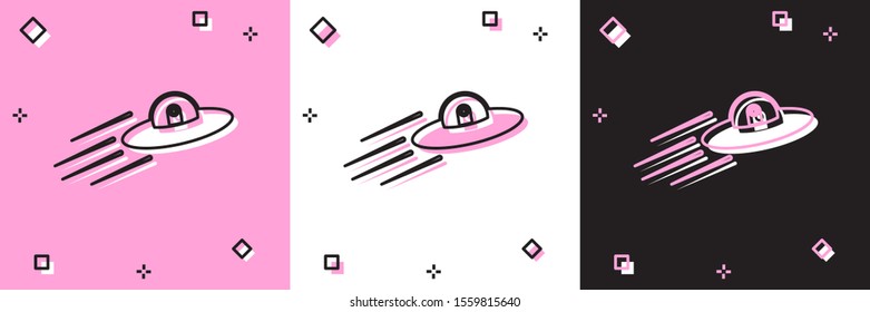 Set UFO flying spaceship and alien icon isolated on pink and white, black background. Flying saucer. Alien space ship. Futuristic unknown flying object.  Vector Illustration