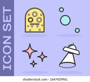 Coloque el icono de la nave espacial voladora de OVNI, Alien, Falling star y Solar. Vector
