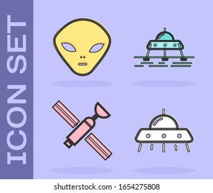 Set UFO flying spaceship, Alien, Satellite and Mars rover icon. Vector