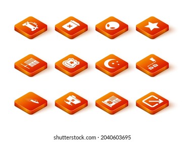 Set UFO flying spaceship and alien, FTP cancel operation, Server, Data, Web Hosting, Police badge, Mail server and Moon stars icon. Vector