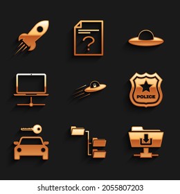 Set UFO flying spaceship and alien, Folder tree, FTP folder download, Police badge, Car rental and Computer network icon. Vector