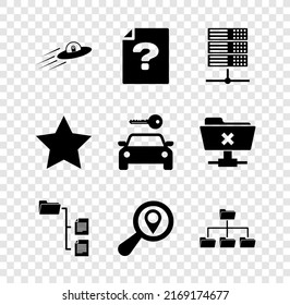 Set UFO flying spaceship and alien, Unknown document, Server, Data, Web Hosting, Folder tree, Search location and  icon. Vector