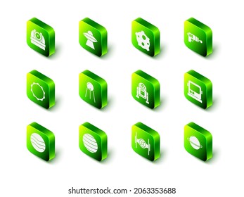 Set UFO flying spaceship, Asteroid, Ray gun, Astronaut helmet, Planet Saturn, Robot, Cosmic and Venus icon. Vector