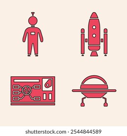 Set UFO flying spaceship, Astronaut, Space shuttle and rockets and Futuristic hud interface icon. Vector