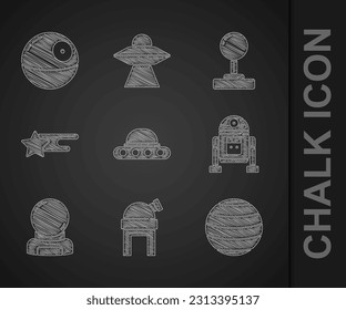 Set UFO flying spaceship, Astronomical observatory, Planet Venus, Robot, Astronaut helmet, Falling star, Joystick and Death icon. Vector