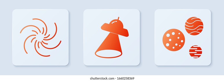 Set UFO flying spaceship, Black hole and Planet. White square button. Vector