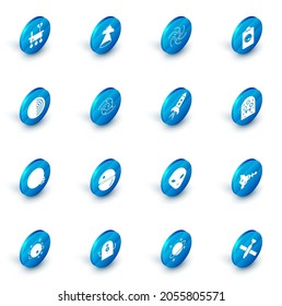 Fliegendes Raumschiff UFO, Schwarzes Loch, Planet, Erdstruktur, Alien und Rakete mit Feuersymbol. Vektorgrafik