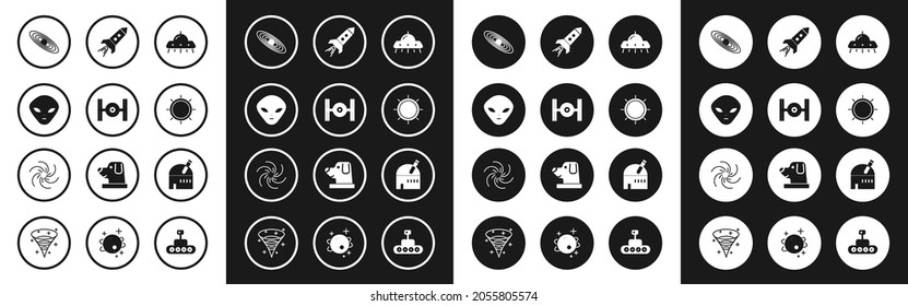 Set UFO flying spaceship, Cosmic, Alien, Planet, Sun, Rocket with fire, Astronomical observatory and Black hole icon. Vector