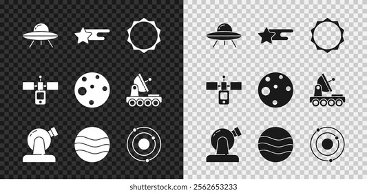 Set UFO flying spaceship, Falling star, Sun, Astronomical observatory, Planet, Solar system, Satellite and Mars icon. Vector