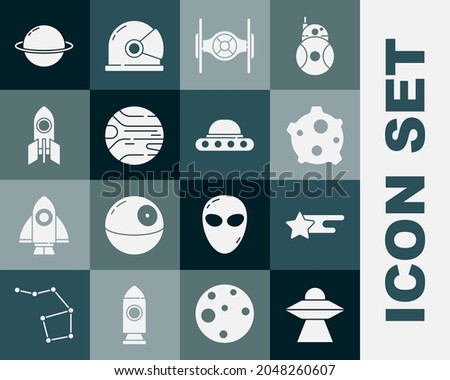 Set UFO flying spaceship, Falling star, Asteroid, Cosmic, Planet, Rocket, Saturn and  icon. Vector