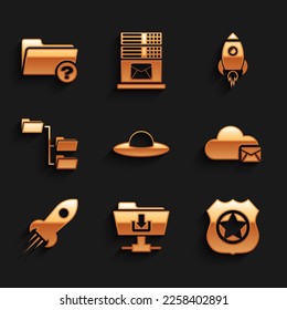 Set UFO flying spaceship, FTP folder download, Police badge, Cloud mail server, Rocket with fire and Folder tree icon. Vector