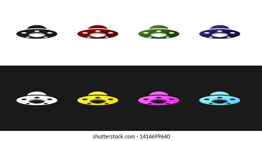 Set UFO flying spaceship icon isolated on black and white background. Flying saucer. Alien space ship. Futuristic unknown flying object. Vector Illustration