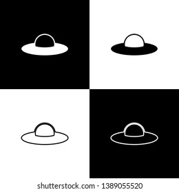 Set UFO flying spaceship icons isolated on black and white background. Flying saucer. Alien space ship. Futuristic unknown flying object. Line, outline and linear icon. Vector Illustration