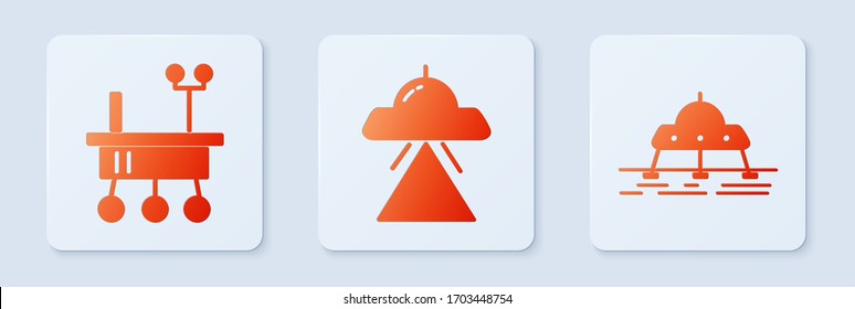 Set UFO flying spaceship, Mars rover and Mars rover. White square button. Vector