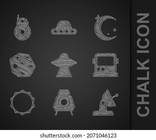 Set UFO flying spaceship, Mars rover, Satellite dish, Astronaut helmet, Sun, Asteroid, Moon and stars and Robot icon. Vector