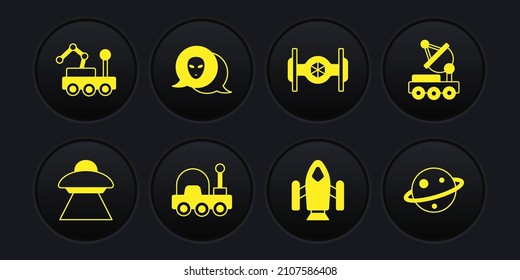 Set UFO flying spaceship, Mars rover, Rocket, Cosmic, Alien, Planet Saturn and  icon. Vector