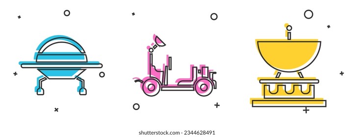 Indique la nave espacial voladora de OVNI, el rover de Marte y el icono de la antena parabólica. Vector